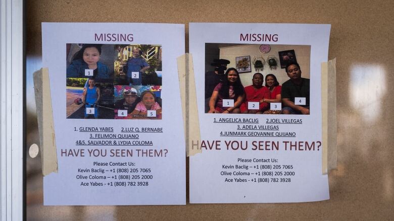 Missing person flyers are seen on a bulletin board.