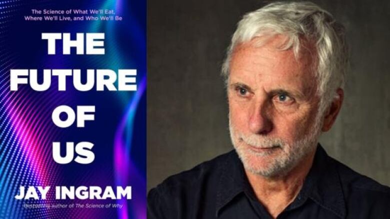 Book cover with the title written in white letters over a blue and purple abstract image and a portrait of the author: a man with white hair and white beard wearing a black shirt