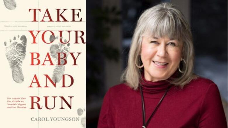 Book cover with the title written in red over baby footprints and the author a smiling woman with grey hair wearing a burgundy turtleneck and loopy earrings