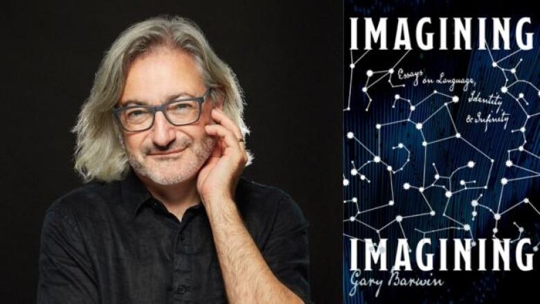 A bearded man with glasses and shoulder length hair resting his head on his hand and the book cover with the title written amongst constellations