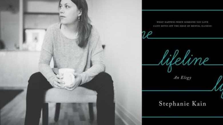 A black and white photo of a woman sitting on a chair holding a white mug and the book cover with the title written in cursive on a black background