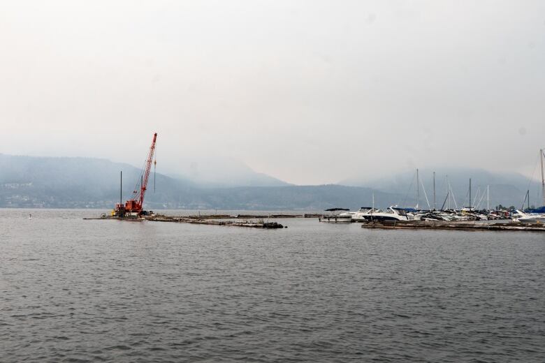 A long-distance shot of a marina shows thick haze and wildfire smoke in the air.