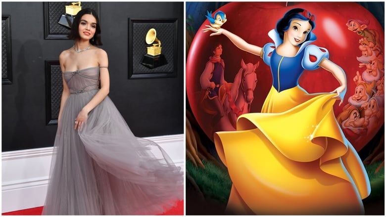 Rachel Zegler, cast as Snow White in the 2024 remake pictured next to the 1937 animated version of Snow White.