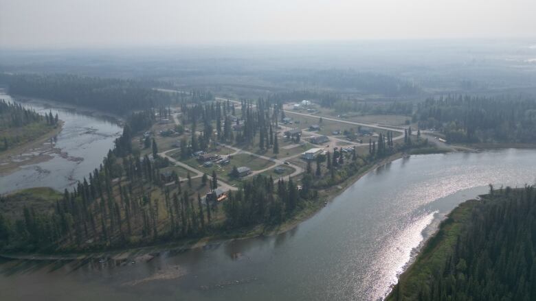 A drone shot of a small, remote N.W.T. community.