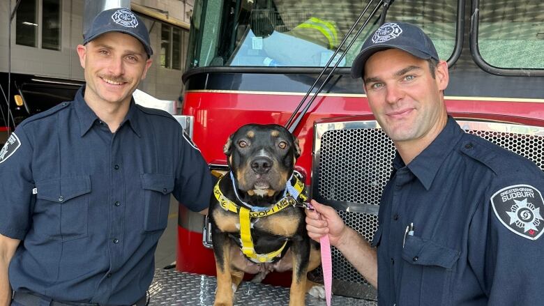 Fraser Dane and Carl Hudson pose with Diamond. The first dog to be featured as Dog of the Month in partnership with Pet Save Sudbury. Every month a new dog with be featured and invited to the firehall. The collaboration was created to help promote pet adoption. 