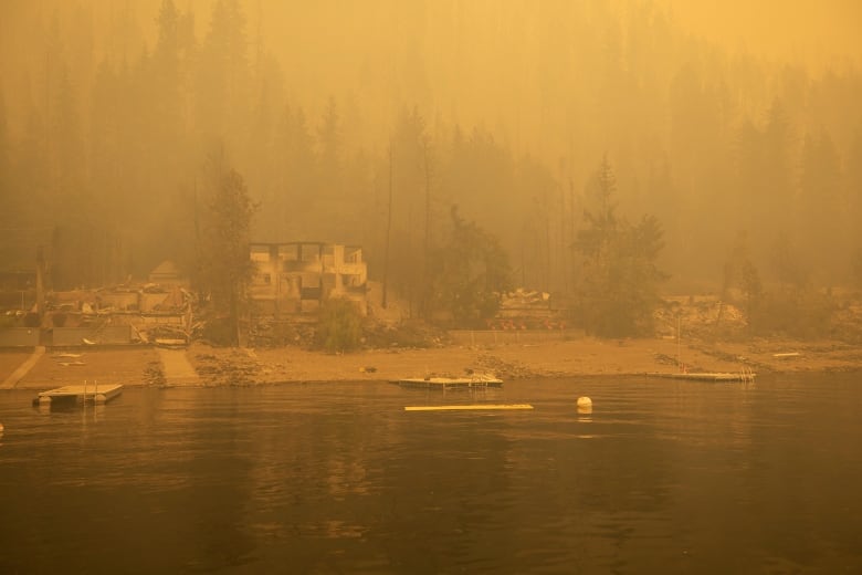 Burned homes and trees along the shore of a lake, under thick smoke.