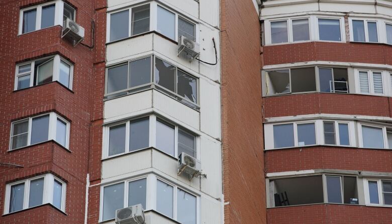 A view of windows damaged after an August 2023 drone attack in Krasnogorsk in the Moscow region.