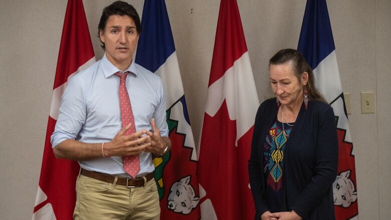 Prime Minister Justin Trudeau and N.W.T. premier Caroline Cochrane meet in Edmonton, Alberta on Saturday, August 26, 2023. 