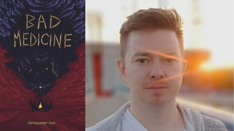 Bad Medicine by Christopher Twin. Illustrated book cover of 5 teens around a campfire. The smoke is rising above to show a monstrous figure in the dark. Headshot of the male author.