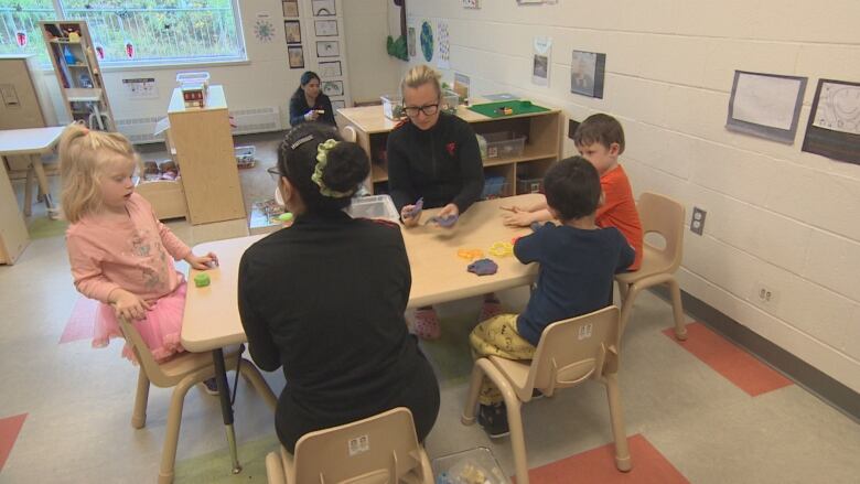 Children and ECEs sit around a table in a child care centre.