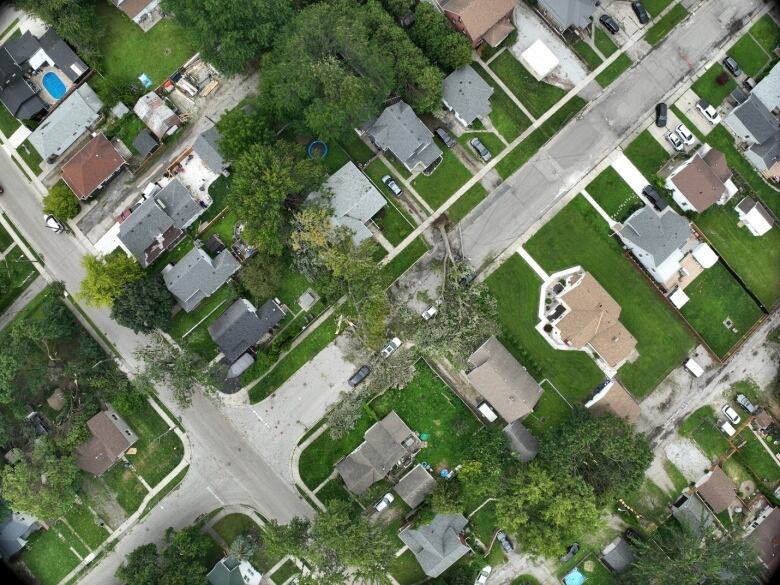 Damage is shown from a drone of Selkirk Street and Van Allen Avenue in Chatham, Ont., following a late night Aug. 24, downburst.