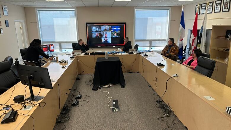 A few people sit in a meeting room, with a video screen at the front of the room.