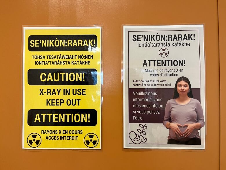 The medical imaging department has signage in three languages: Kanienkha, English, and French.