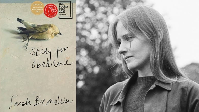 Study for Obedience by Sarah Bernstein. Illustrated book cover of a small dead bird on a table. Black and white photo of female writer's side profile.