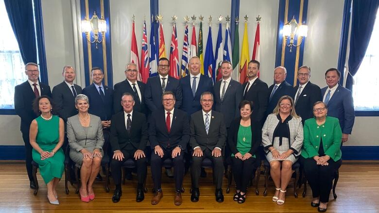 Nineteen men and women in business clothing pose for a photo in front of some flags.