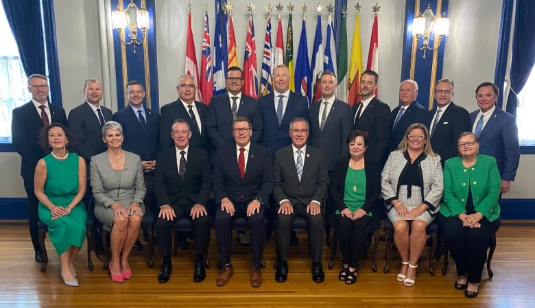 Nineteen men and women in business clothing pose for a photo in front of some flags.