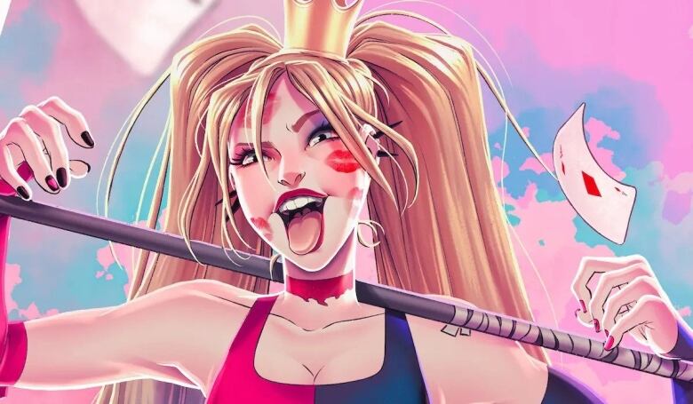 Illustration of Harley Quinn sticking out her tongue against a pink and blue backdrop.