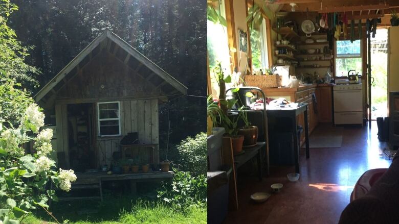 Two images of Heather's house. A wooden tiny home with one window in a forested area and the interior of the tiny home. 