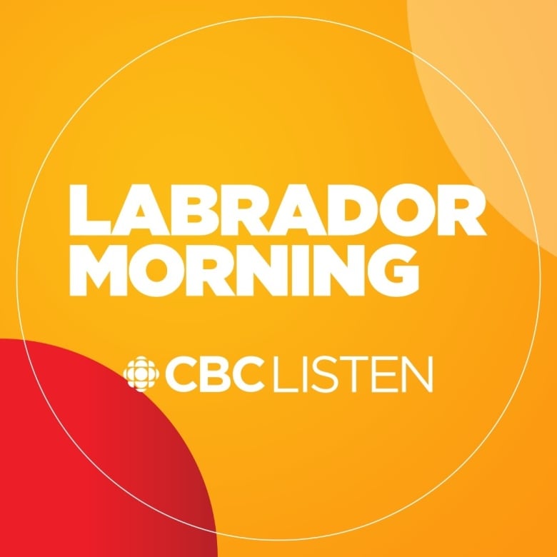 A graphic logo for with white text reads Labrador Morning in bold letters. Underneath, it says CBC Listen. The background is red and yellow. 