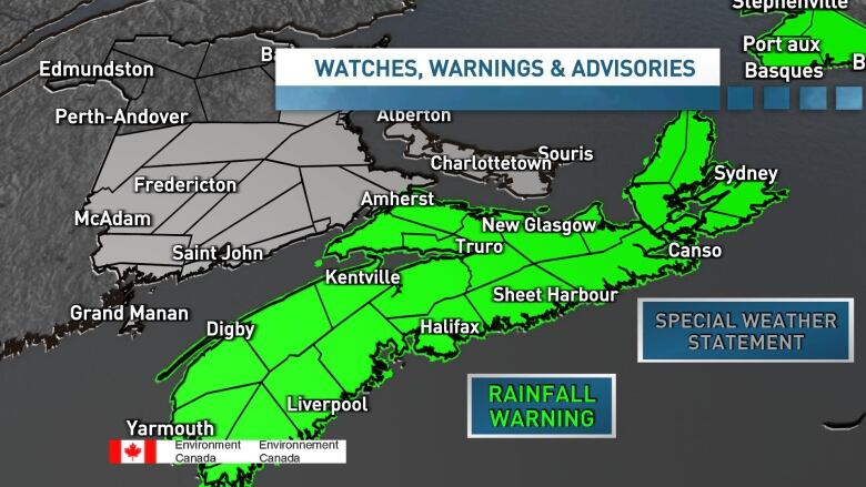 A map of the Maritimes shows areas with rainfall warnings in green.