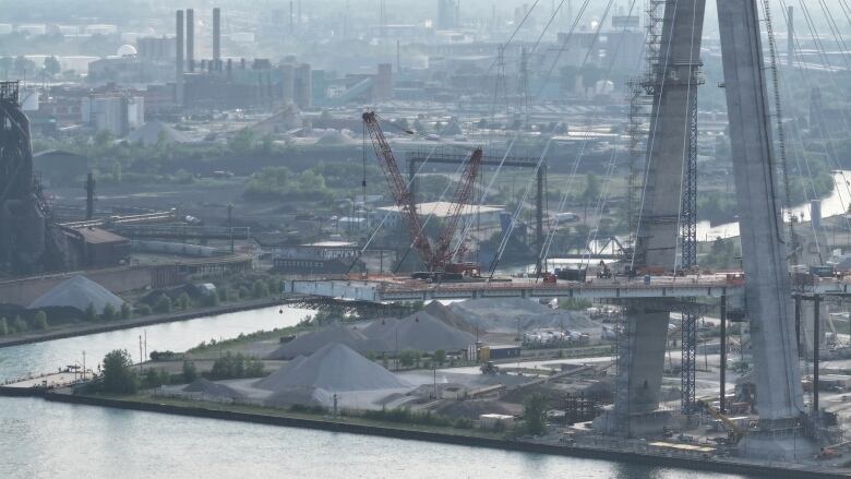 Crews work on the Detroit side of the Gordie Howe International Bridge in July