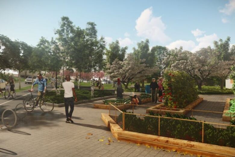 An artist rendering of a park in the Cogswell District