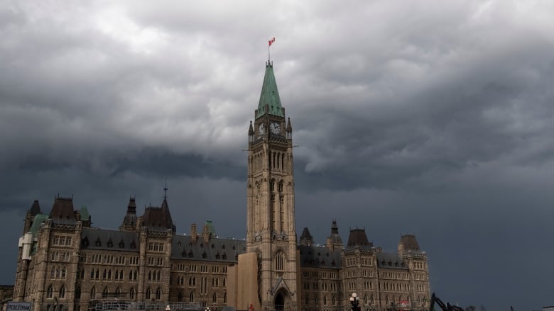 Canada's Parliament Hill set against dark, threatening clouds.