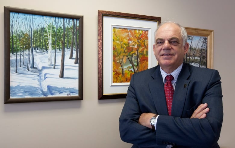 A man in a suit and tie stands in front of a portrait.