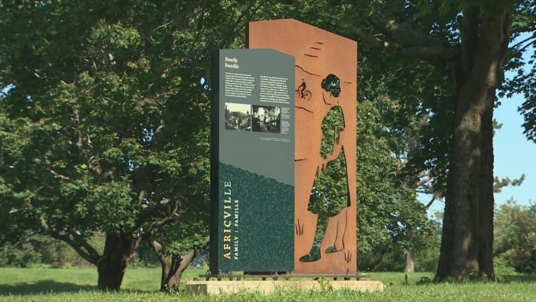 A large rectangle panel in front of trees