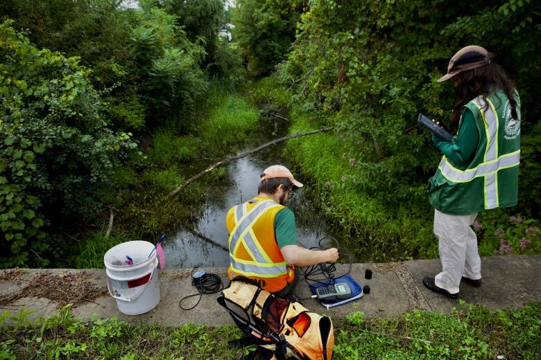 Tyler Moulton and Carlee Loft of the Kahnaw:ke Environment Protection Office were conducting fish sampling in a section of the North Creek on Tuesday, Aug. 28, 2023.