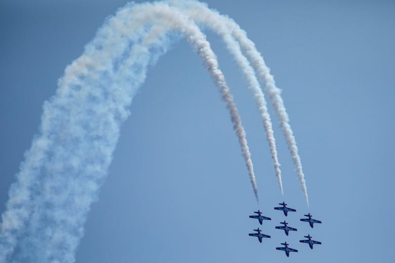 Canadian Snowbirds fly over Toronto during a practice session ahead of the CNE International Air Show.