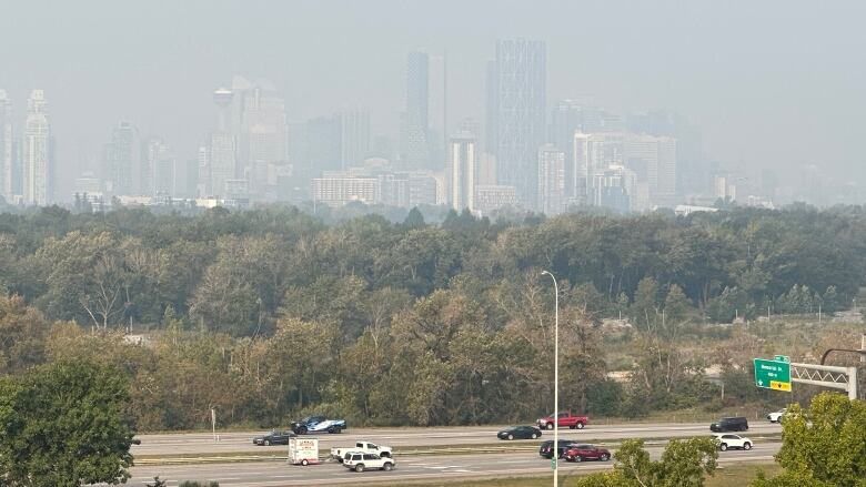 Calgary's downtown Calgary skyline was barely visible through the smoke that blanked the city Tuesday, Sept. 5, 2023.