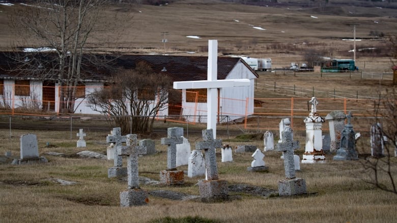 A large white cross rises over smaller grey crosses with a long white building in the background.