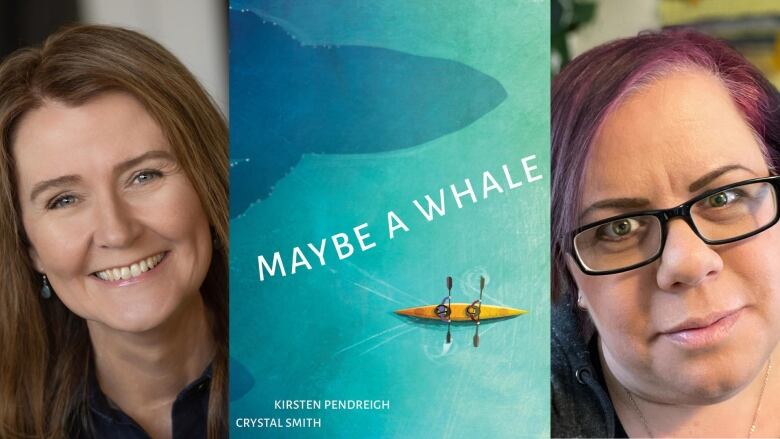 A woman smiles at the camera. A book cover of a kayak with the shadow of a whale under it. A woman smiles at the camera. 