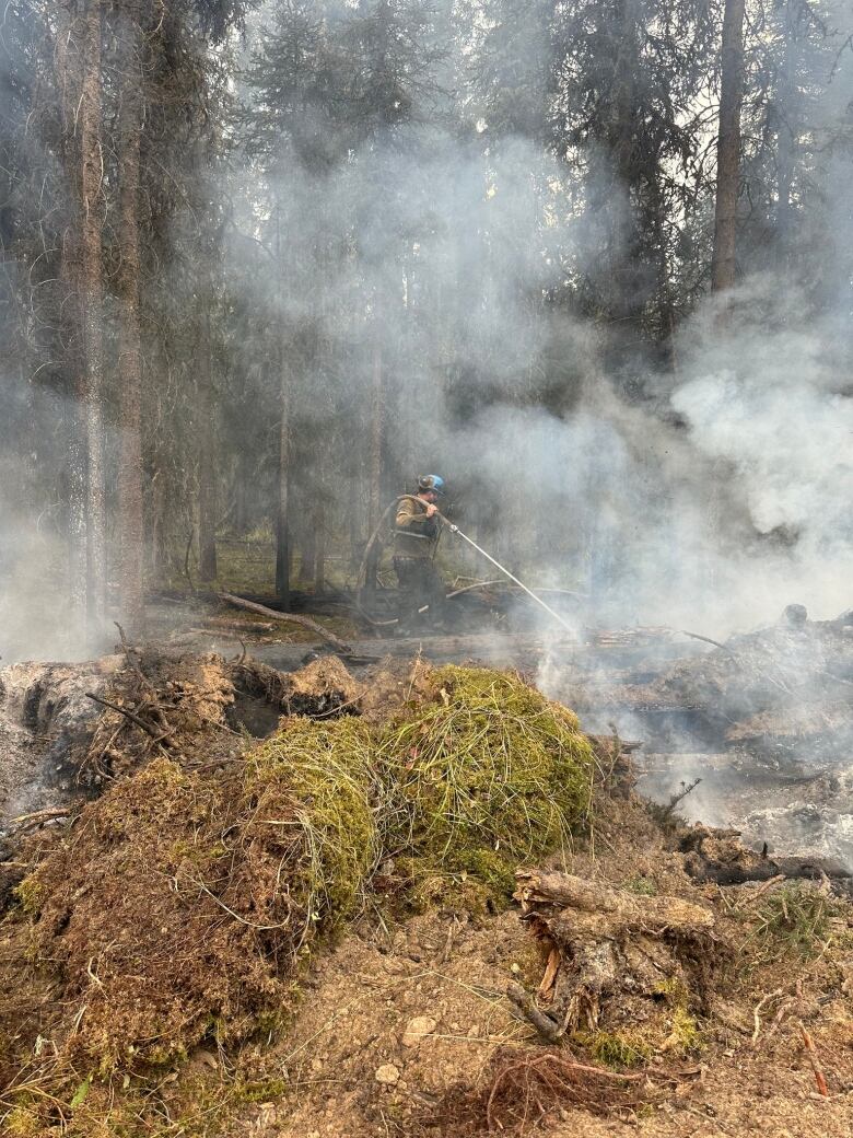 a firefighter in smoke in the forest