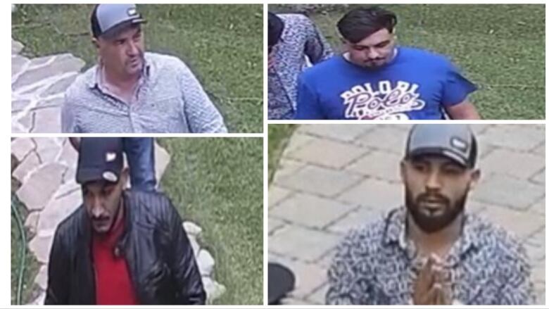 Four low-quality photos of male suspects wanted in connection with robberies.