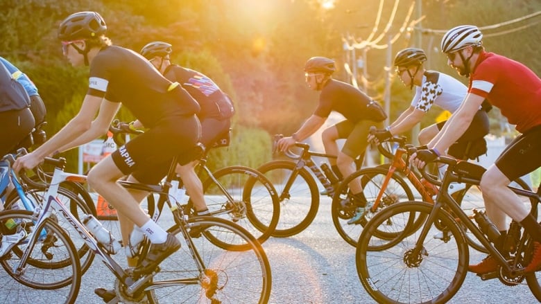 several cyclists on race bikes wearing lycra are backlit by a warm sunny glow.