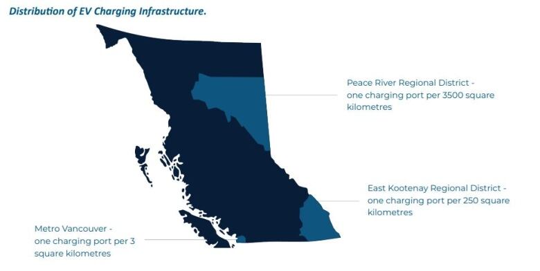 A map showing charging station distribution in different regions of the province.