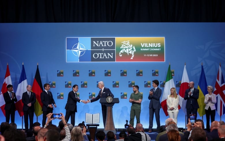 NATO leaders on podium with Ukraine's Zelensky