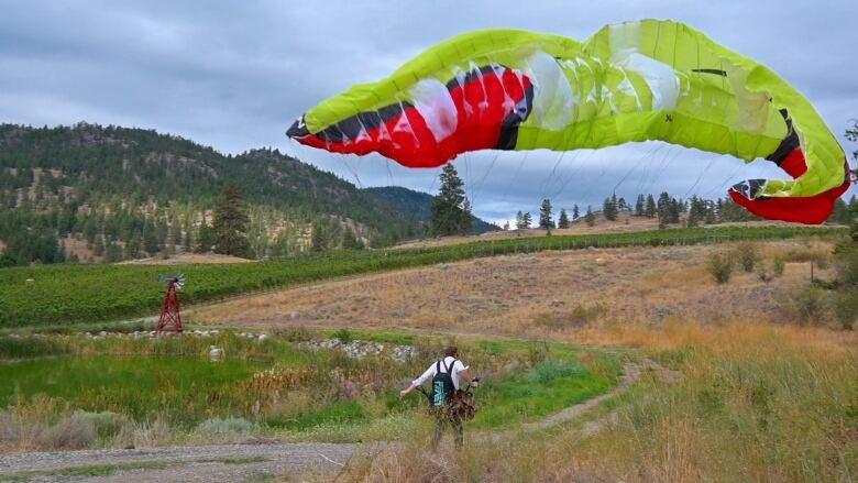 Man with a paraglide landing in a field