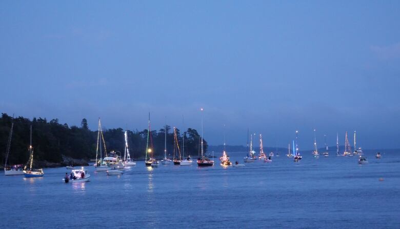 Boats lit up with string lights in the distance.