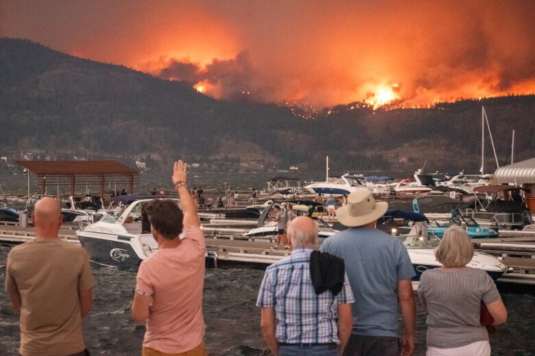 A row of people point at a raging wildfire on a hill opposite a lake.