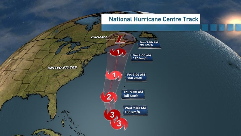 A map shows the track of a hurricane, represented by a red symbol, going upward toward the Maritime provinces.