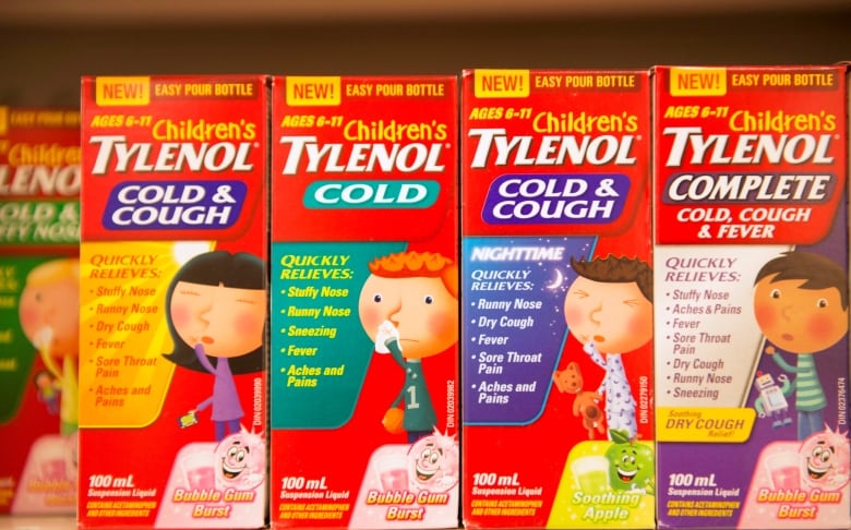 Bright red boxes of children's cold medications