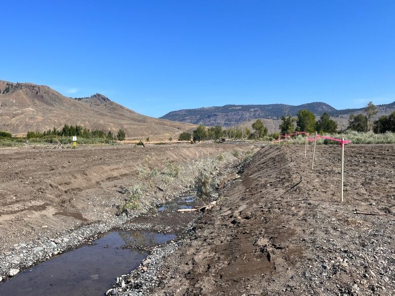 A trench with some water in the bottom stretches along a desert-like landscape.