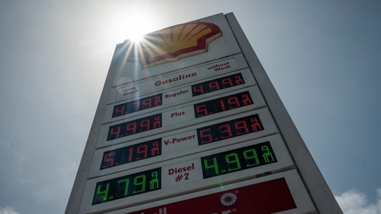 A sign at a Shell gas station in California shows prices for various fuel blends.