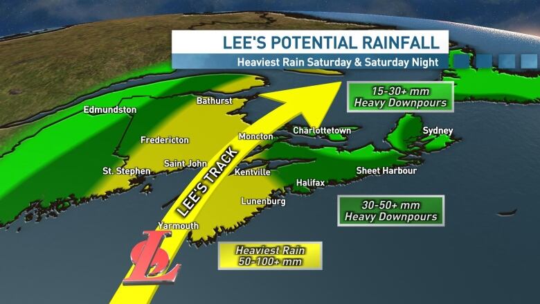 The heaviest rainfall is currently expected to fall in southwestern Nova Scotia and in New Brunswick, which is along and northwest of the track.