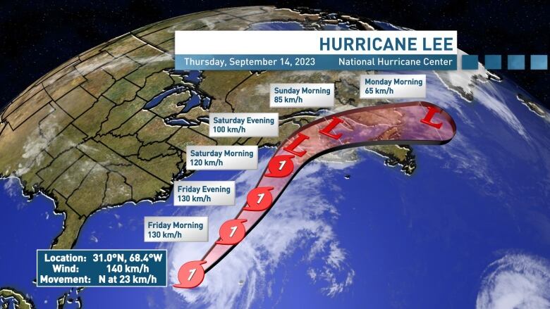 A map showing the forecast track of Hurricane Lee.