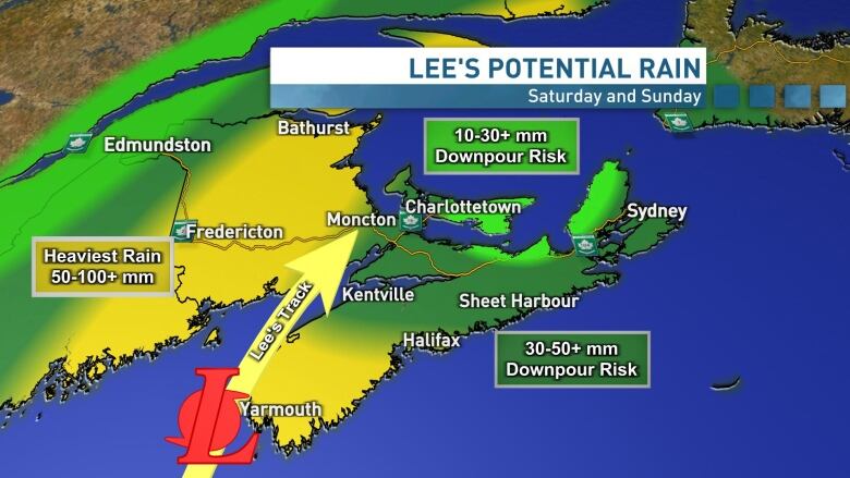 Map showing track of Hurricane Lee and potential rainfall.