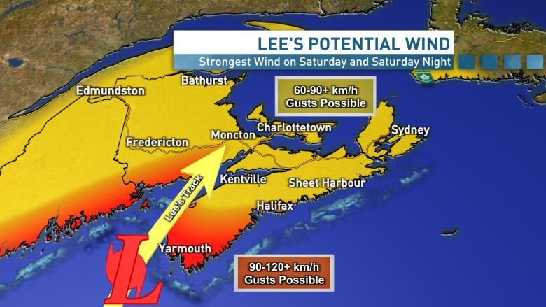 Map showing track of Hurricane Lee and potential wind speeds.